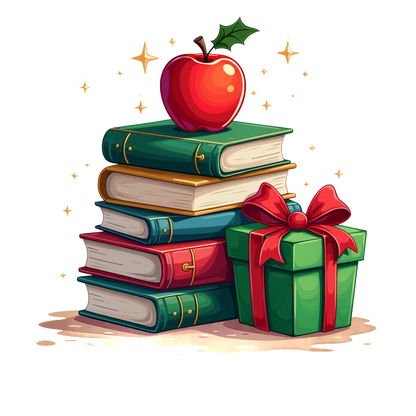 A whimsical stack of colorful books topped with a shiny red apple and a festive green gift with a red ribbon.DTF Transfers