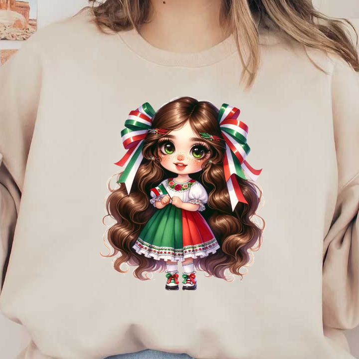 A charming girl in a traditional Mexican dress, featuring green and red colors, with festive ribbons and big expressive eyes. heat press transfers