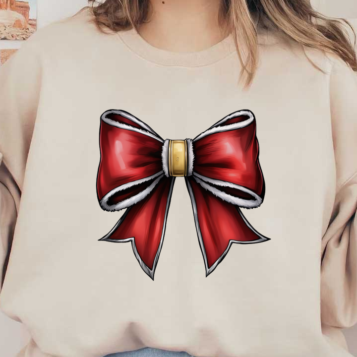 A festive red bow with white trim and a gold center, perfect for holiday decorations or gift wrapping. dtf prints