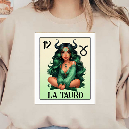 A mystical illustration of a woman in green attire with horns, representing the zodiac sign Taurus, titled "La Tauro."dtf regular iron