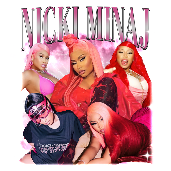 A vibrant collage of Nicki Minaj showcasing her signature pink hairstyles and bold fashion styles in various poses.DTF Transfers dtf prints