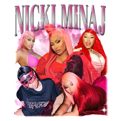 A vibrant collage of Nicki Minaj showcasing her signature pink hairstyles and bold fashion styles in various poses.DTF Transfers dtf prints