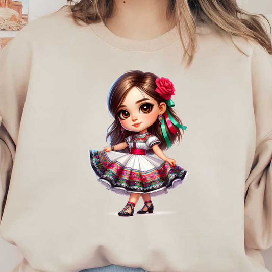 A charming girl in a colorful traditional Mexican dress, adorned with floral accents and vibrant ribbons, radiates joy and culture.dtf regular iron