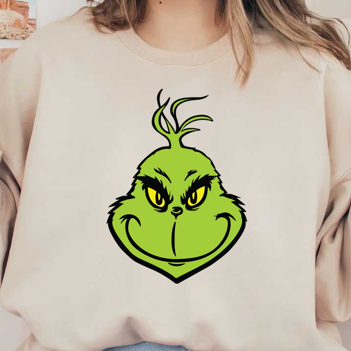 A playful illustration of the Grinch, featuring his signature mischievous smile, green fur, and striking yellow eyes.DTF Transfers dtf transfers dtf prints