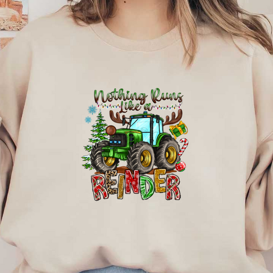 A festive and playful design featuring a green tractor with reindeer antlers, surrounded by holiday elements and whimsical text.DTF Transfers dtf transfers dtf transfers