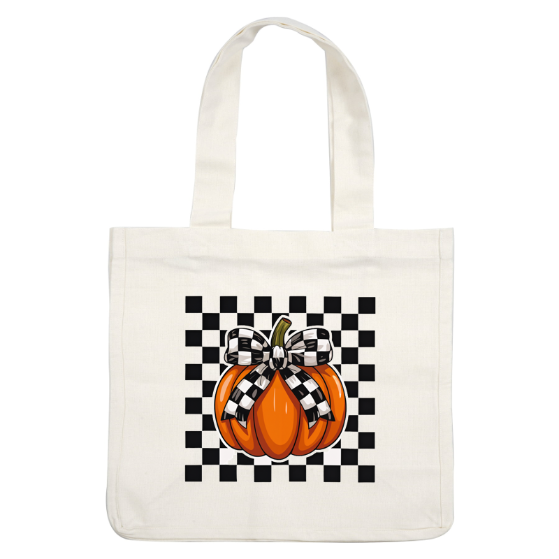 Una alegre calabaza naranja adornada con un elegante lazo a cuadros blancos y negros, perfecta para la decoración de otoño.