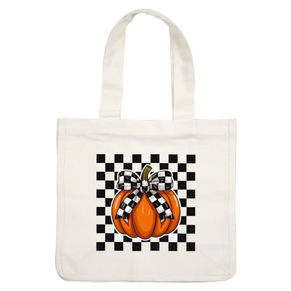 Una alegre calabaza naranja adornada con un elegante lazo a cuadros blancos y negros, perfecta para la decoración de otoño.