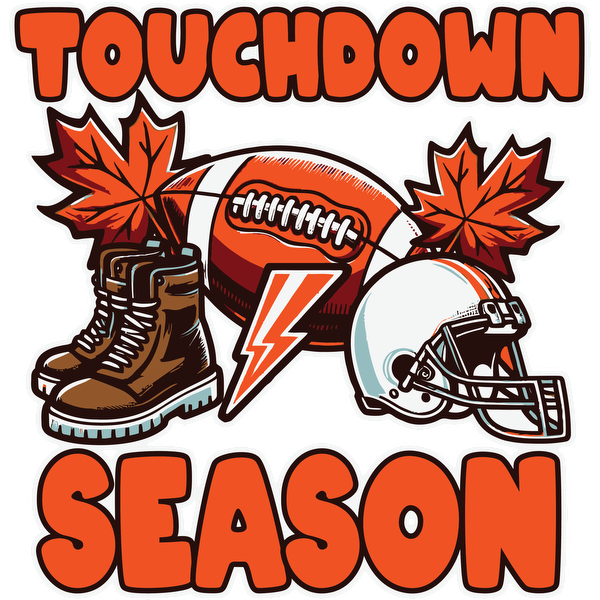 Celebrate the excitement of football season with a vibrant design featuring a football, helmet, boots, and autumn leaves! heat press transfers