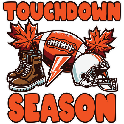 Celebrate the excitement of football season with a vibrant design featuring a football, helmet, boots, and autumn leaves! heat press transfers