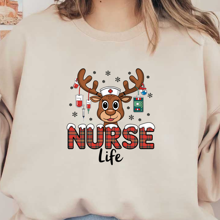 Celebrate the nursing profession with this cute reindeer graphic, featuring medical tools and a playful "NURSE Life" theme.DTF Transfers