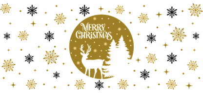 A festive illustration featuring a golden "Merry Christmas" message, a silhouette of a deer, pine trees, and snowflakes.UV Transfers dtf prints