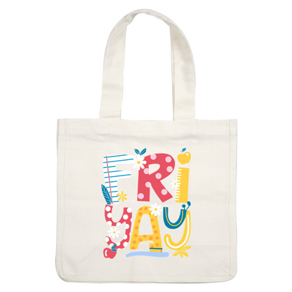 Colorful "FRIYAY" design featuring playful letters and cheerful floral accents.DTF Transfers