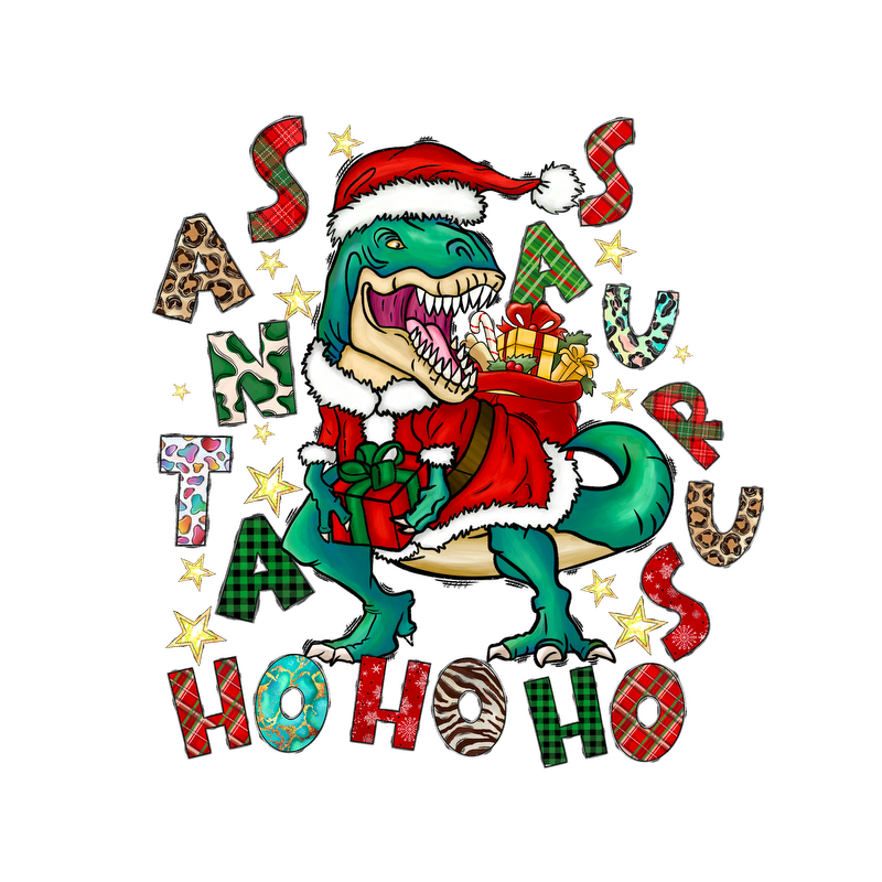 A festive dinosaur in a Santa hat holds presents, surrounded by colorful letters and stars, spreading holiday cheer.DTF Transfersdtf regular iron