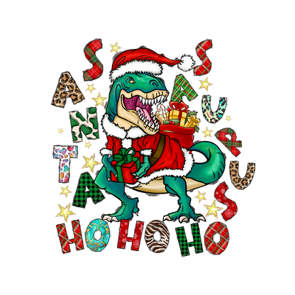 A festive dinosaur in a Santa hat holds presents, surrounded by colorful letters and stars, spreading holiday cheer.DTF Transfersdtf regular iron