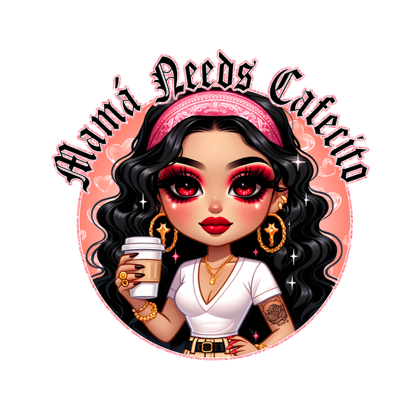 A stylish illustration of a woman with dark, wavy hair and a pink headband, holding a coffee cup and exuding confidence. dtf transfers