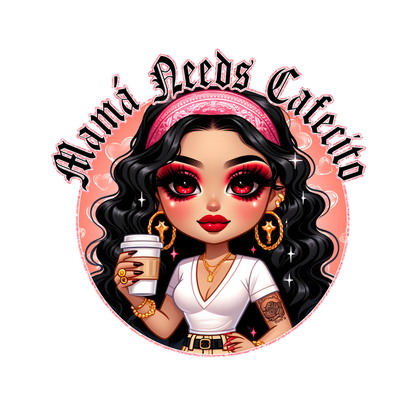 A stylish illustration of a woman with dark, wavy hair and a pink headband, holding a coffee cup and exuding confidence. dtf transfers