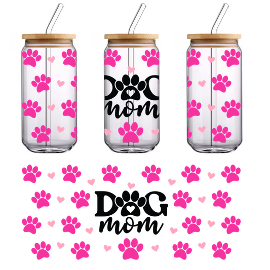 Pink dog paw and heart stickers to frame dog mom text.UV Transfers