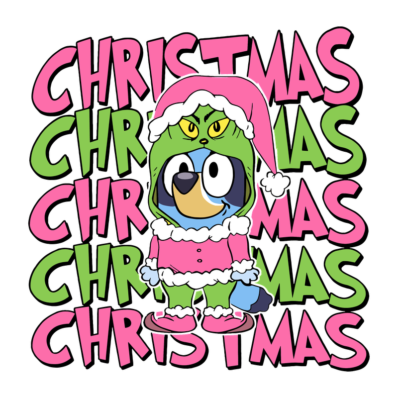 A cheerful cartoon character dressed as a Christmas Grinch, surrounded by colorful "Christmas" text in pink and green.DTF Transfers heat press transfers heat press transfers