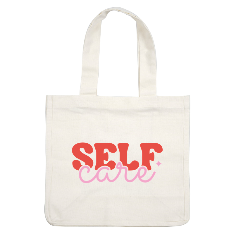 Diseño tipográfico "SELF care" brillante y divertido, con letras rojas en negrita y un estilo cursivo rosa caprichoso.