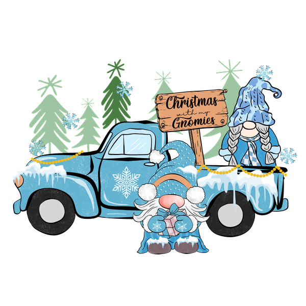 A whimsical blue truck decorated with snowflakes and icicles, accompanied by gnomes and a sign reading "Christmas with my Gnomies." dtf transfers