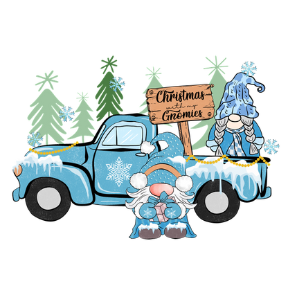 A whimsical blue truck decorated with snowflakes and icicles, accompanied by gnomes and a sign reading "Christmas with my Gnomies." dtf transfers