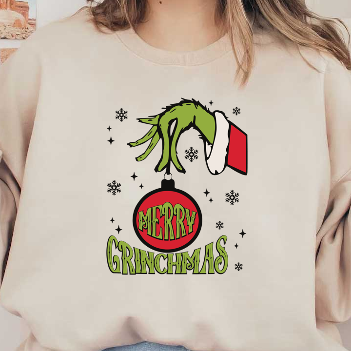 Celebrate the holiday spirit with this whimsical "Merry Grinchmas" design featuring a green hand holding a festive ornament!DTF Transfers dtf prints