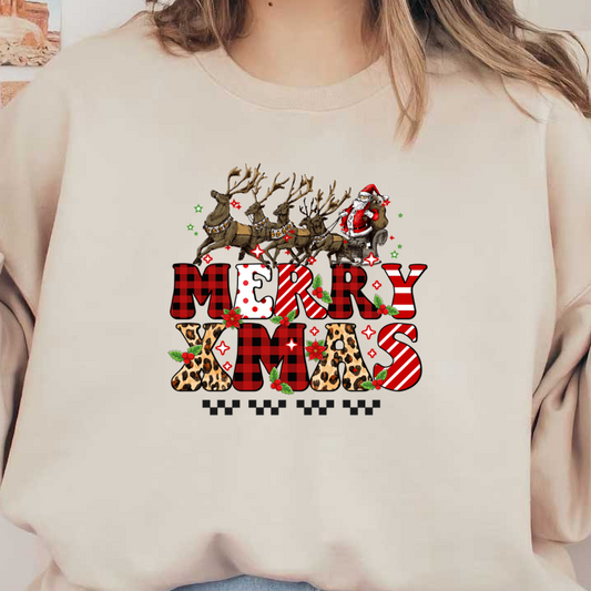 Festive "Merry Xmas" graphic featuring Santa in a sleigh with reindeer, adorned with colorful patterns, flowers, and stars. dtf transfers