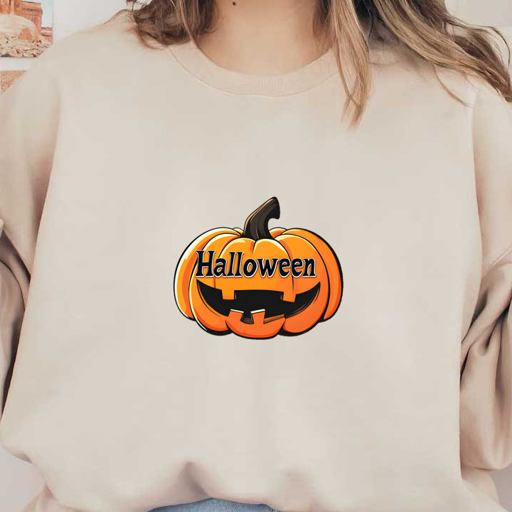 Festively designed orange pumpkin with a cheerful face and “Halloween” text, perfect for Halloween-themed decorations. dtf prints