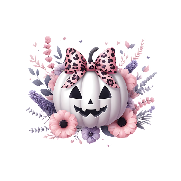 A charming white pumpkin with a leopard print bow, surrounded by pastel flowers and foliage, perfect for Halloween decor. dtf prints