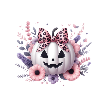 A charming white pumpkin with a leopard print bow, surrounded by pastel flowers and foliage, perfect for Halloween decor. dtf prints