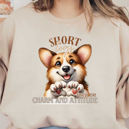 Una encantadora ilustración de un corgi feliz, que muestra sus patas cortas y su personalidad juguetona con un mensaje caprichoso.