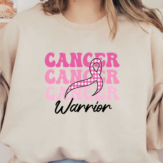 Bold pink text featuring the word "CANCER" repeatedly, accented with a pink plaid awareness ribbon, symbolizing support for cancer awareness. dtf prints