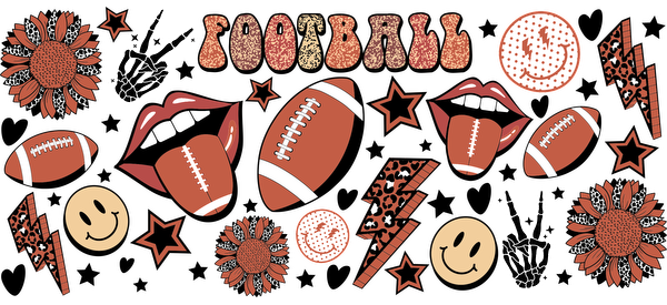 A vibrant and playful design featuring footballs, flowers, smiles, and fun graphics celebrating the spirit of the game.UV Transfers dtf prints