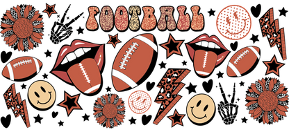 A vibrant and playful design featuring footballs, flowers, smiles, and fun graphics celebrating the spirit of the game.UV Transfers dtf prints