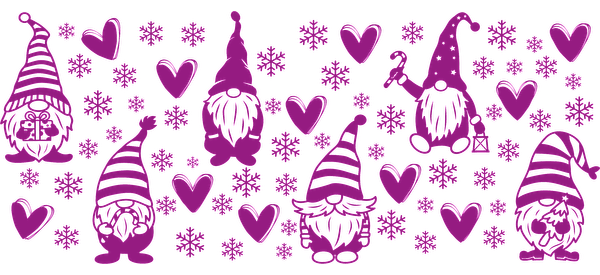 A whimsical collection of purple gnome illustrations surrounded by hearts and snowflakes, perfect for festive decorations.UV Transfersdtf regular iron