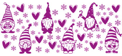 A whimsical collection of purple gnome illustrations surrounded by hearts and snowflakes, perfect for festive decorations.UV Transfersdtf regular iron