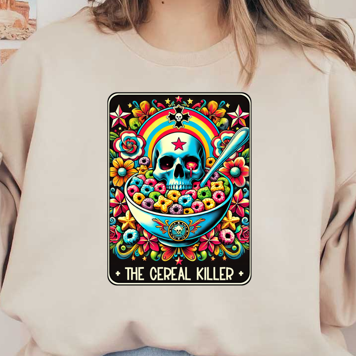 Una ilustración vibrante y peculiar que presenta una calavera en un tazón de cereal colorido, rodeada de flores y un fondo de arcoíris.