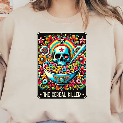 Una ilustración vibrante y peculiar que presenta una calavera en un tazón de cereal colorido, rodeada de flores y un fondo de arcoíris.