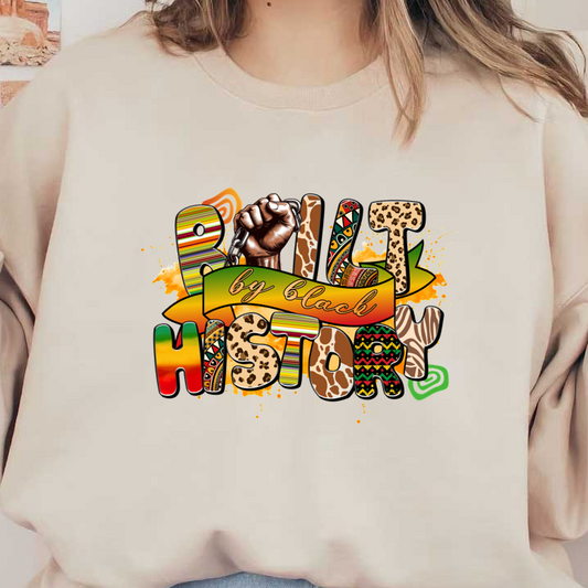 Celebre la rica herencia de la historia negra con este diseño vibrante que presenta colores poderosos y temas de resiliencia y unidad.