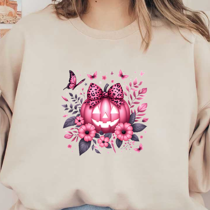 A playful pink pumpkin with a leopard print bow, surrounded by vibrant flowers and butterflies, perfect for a whimsical Halloween theme. heat press transfersdtf regular iron