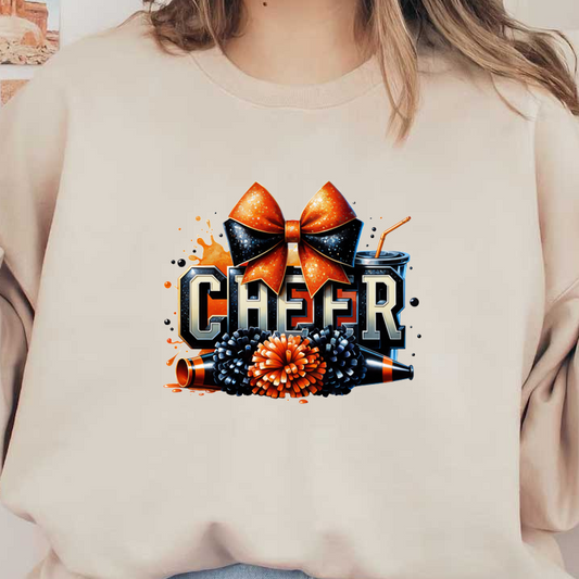 A vibrant "CHEER" graphic featuring a playful bow, colorful pom-poms, and fun party elements, perfect for festive occasions.DTF Transfersdtf regular iron