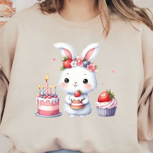 A cute bunny adorned with flowers and strawberries holds a cake next to festive birthday treats, bringing joyful celebration vibes!DTF Transfers