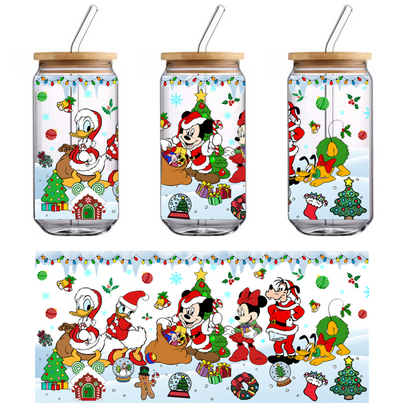 A festive Disney scene featuring beloved characters in Santa costumes, surrounded by Christmas decorations and cheerful winter elements.UV Transfersdtf regular iron