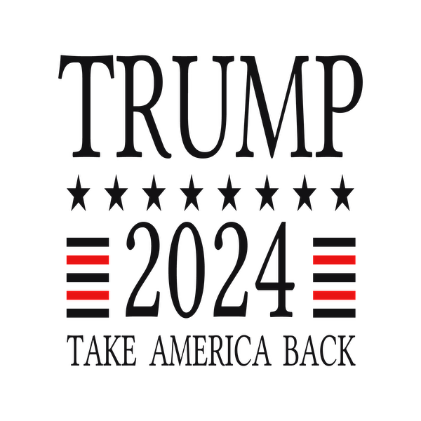 Apoye la campaña con este audaz logotipo "Trump 2024" que presenta estrellas y rayas y alienta a "Recuperar a Estados Unidos".