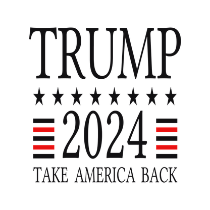 Apoye la campaña con este audaz logotipo "Trump 2024" que presenta estrellas y rayas y alienta a "Recuperar a Estados Unidos".