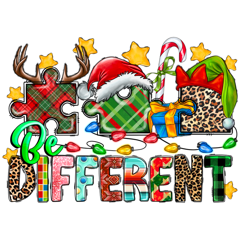 A colorful and festive illustration featuring the phrase "Be Different," adorned with playful holiday-themed elements like puzzle pieces, gifts, and ornaments.DTF Transfers