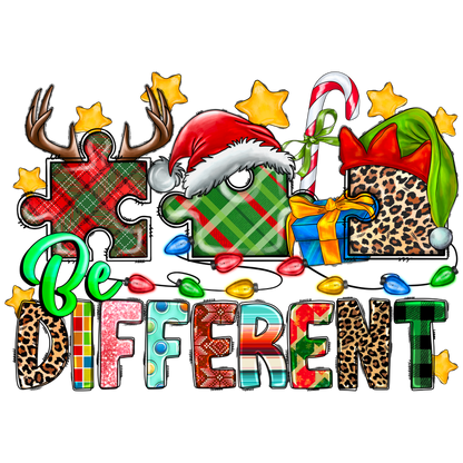 A colorful and festive illustration featuring the phrase "Be Different," adorned with playful holiday-themed elements like puzzle pieces, gifts, and ornaments.DTF Transfers