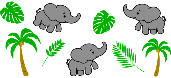 Adorable cartoon elephants playfully interacting amidst tropical greenery, including palm trees and vibrant leaves, perfect for a cheerful jungle theme.UV Transfersdtf regular iron