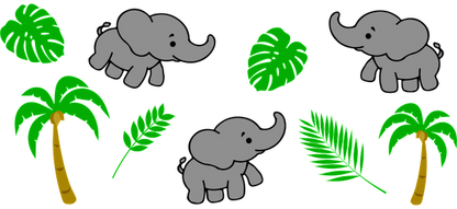 Adorable cartoon elephants playfully interacting amidst tropical greenery, including palm trees and vibrant leaves, perfect for a cheerful jungle theme.UV Transfersdtf regular iron