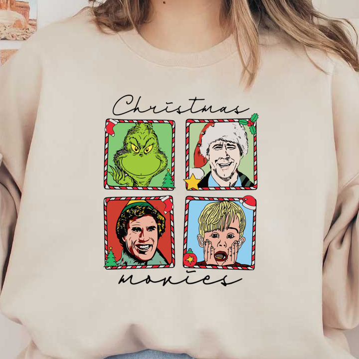 A festive illustration featuring iconic characters from Christmas movies, framed with candy cane borders and holiday decorations.DTF Transfers dtf prints